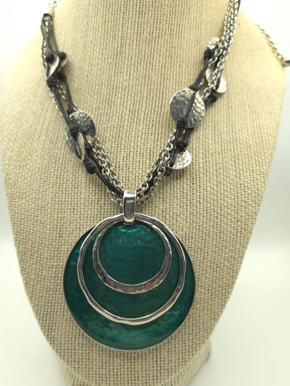 Chico's Green Teal Silver Layered Disc Pendant Necklace Mermaid Boho Bold Chic